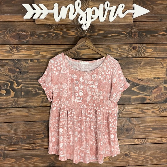 FSL Apparel | Babydoll Rolled Sleeve Tee Blouse‎ Boho Print - Picture 7 of 11